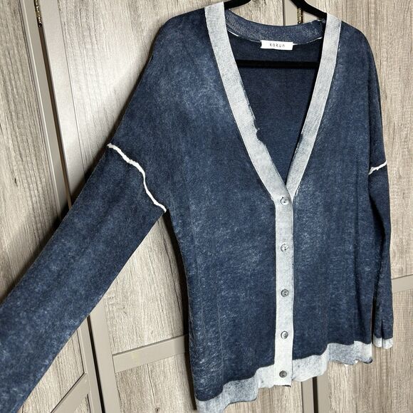 Kokun Cardigan Large Overdye Boxy Bamboo Cashmere Cardigan Blue Size L - Picture 2 of 6